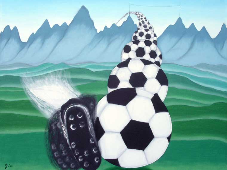 Der Fußballschuss in die Berge | 2006
Öl und Graphit auf Leinwand | 70 x 90 cm